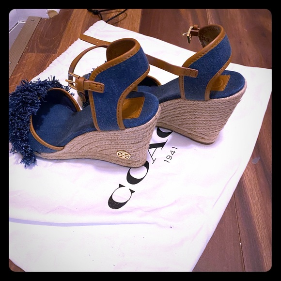 Tory Burch Blue and Tan Wedges - Picture 1 of 3